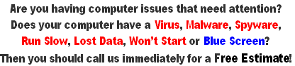 Are you having computer issues that need attention?
Does your computer have a Virus, Malware, Spyware, 
Run Slow, Lost Data, Won’t Start or Blue Screen?
Then you should call us immediately for a Free Estimate!